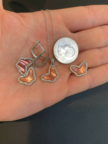 HarlemBling Solid 925 Silver Butterfly Pink Pearl Ring Necklace and Earrings Ladies Girls Set