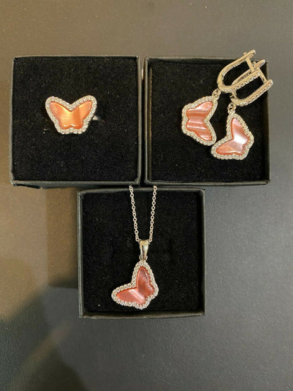 HarlemBling Solid 925 Silver Butterfly Pink Pearl Ring Necklace and Earrings Ladies Girls Set