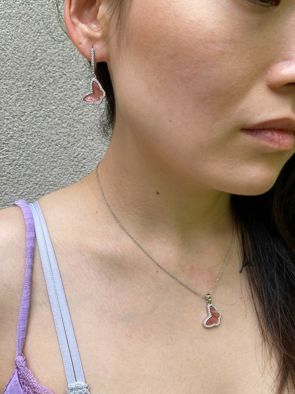 HarlemBling Solid 925 Silver Butterfly Pink Pearl Ring Necklace and Earrings Ladies Girls Set