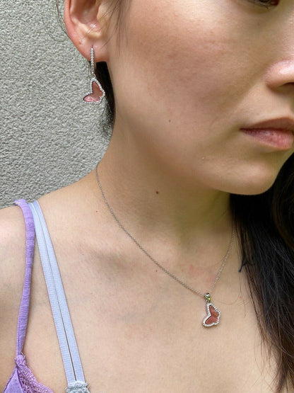 HarlemBling Solid 925 Silver Butterfly Pink Pearl Ring Necklace and Earrings Ladies Girls Set