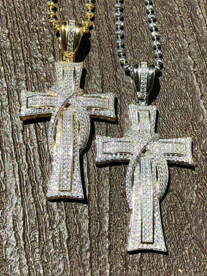 HarlemBling Solid 925 Silver Cross Crucifix ICY Diamond Mens Pendant 14k Gold Plated Rhodium