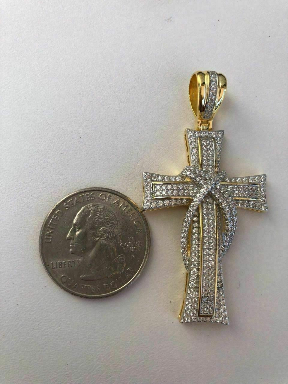 HarlemBling Solid 925 Silver Cross Crucifix ICY Diamond Mens Pendant 14k Gold Plated Rhodium