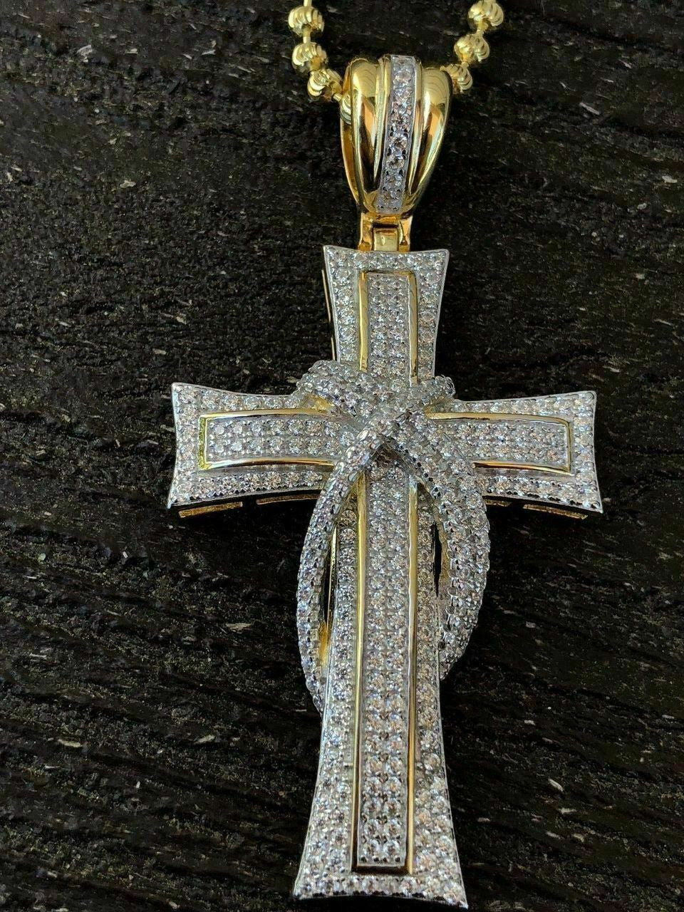 HarlemBling Solid 925 Silver Cross Crucifix ICY Diamond Mens Pendant 14k Gold Plated Rhodium
