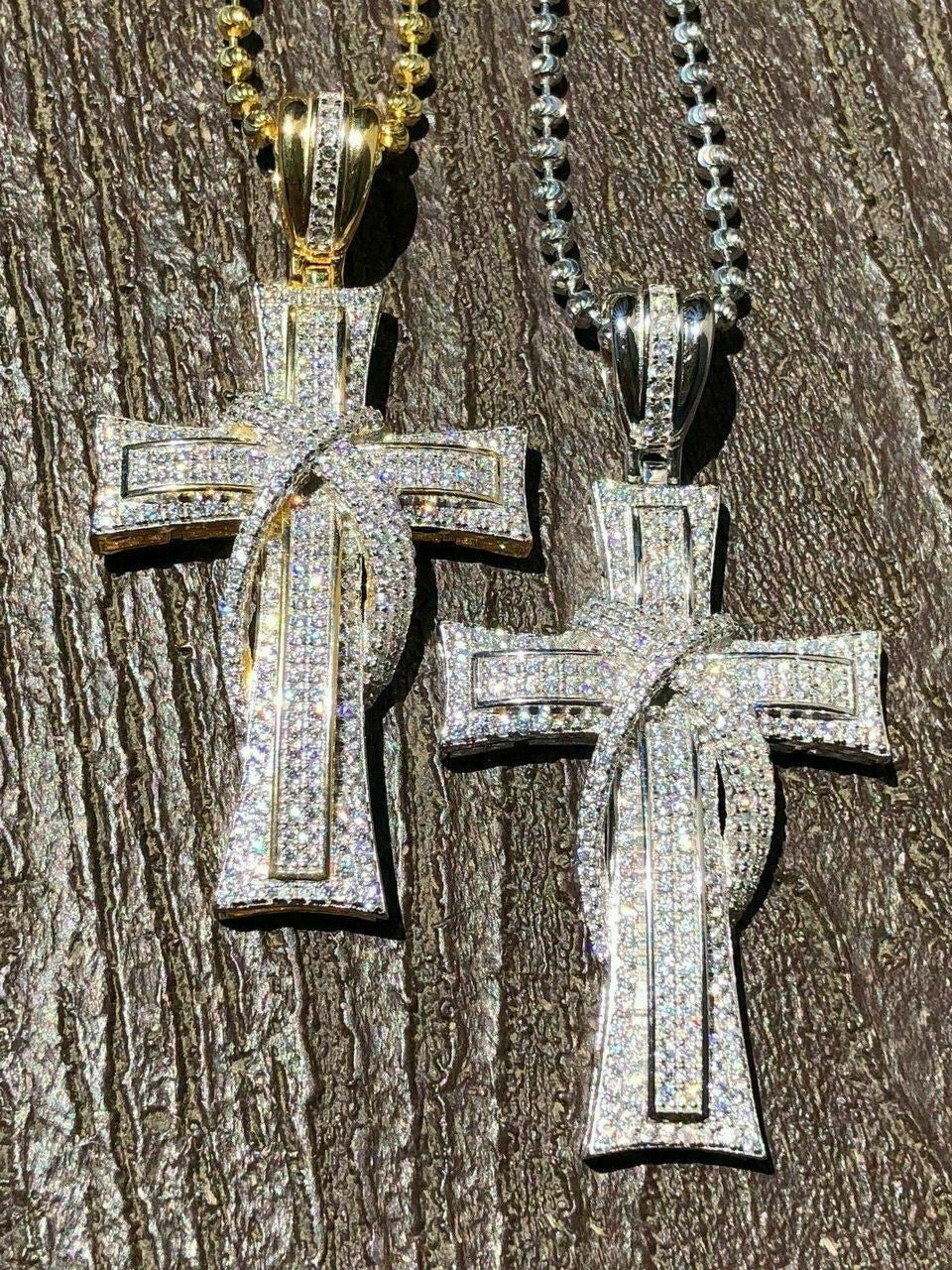HarlemBling Solid 925 Silver Cross Crucifix ICY Diamond Mens Pendant 14k Gold Plated Rhodium