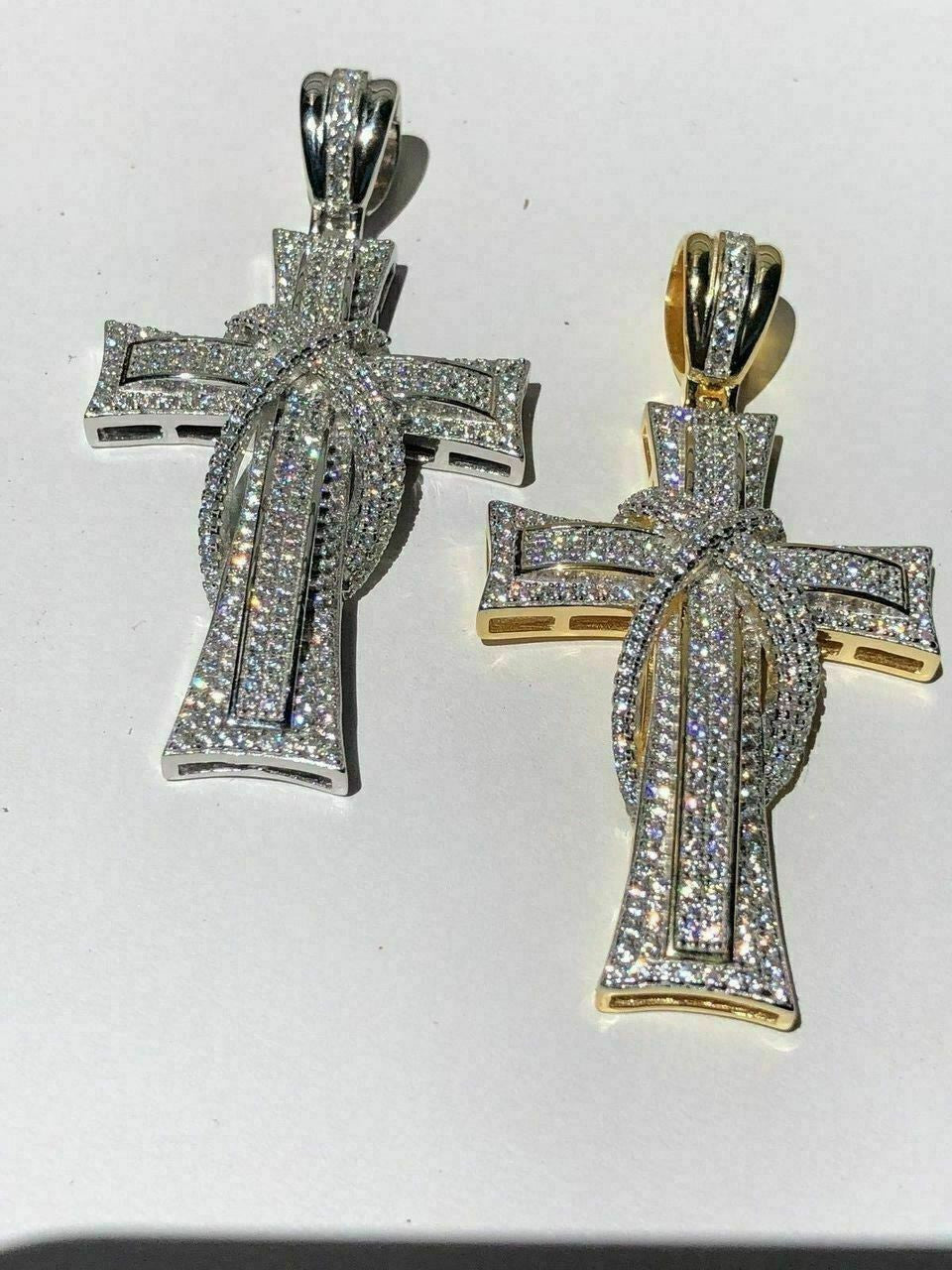 HarlemBling Solid 925 Silver Cross Crucifix ICY Diamond Mens Pendant 14k Gold Plated Rhodium