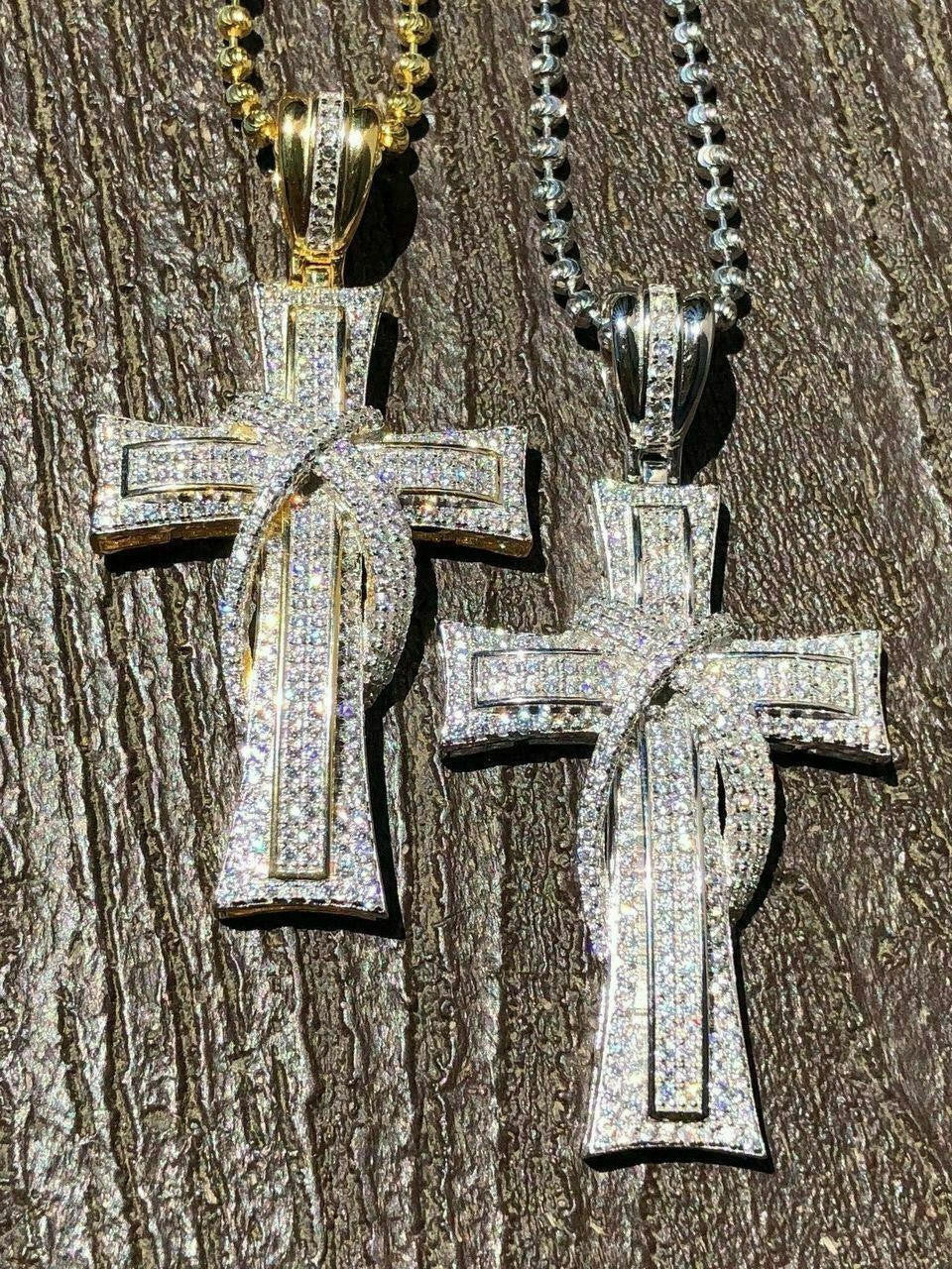 HarlemBling Solid 925 Silver Cross Crucifix ICY Diamond Mens Pendant 14k Gold Plated Rhodium