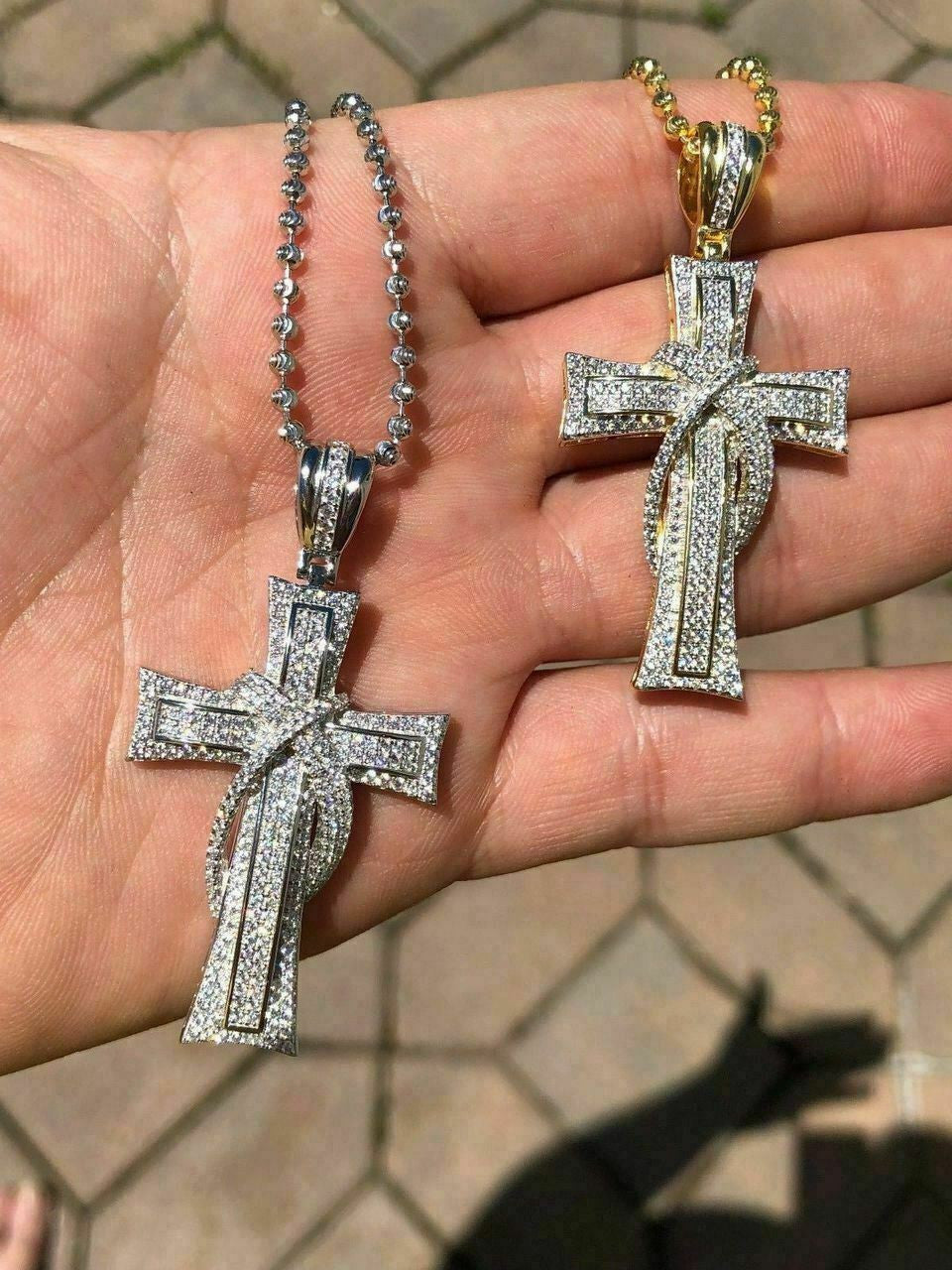 HarlemBling Solid 925 Silver Cross Crucifix ICY Diamond Mens Pendant 14k Gold Plated Rhodium