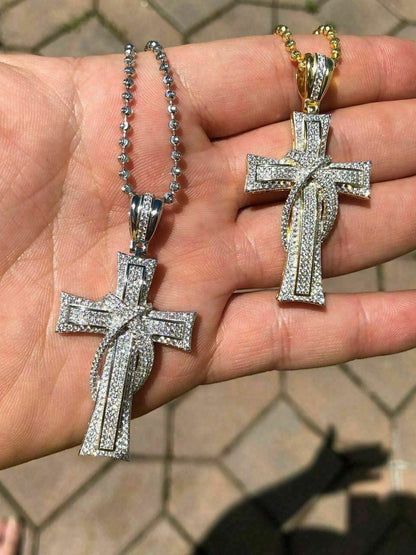 HarlemBling Solid 925 Silver Cross Crucifix ICY Diamond Mens Pendant 14k Gold Plated Rhodium