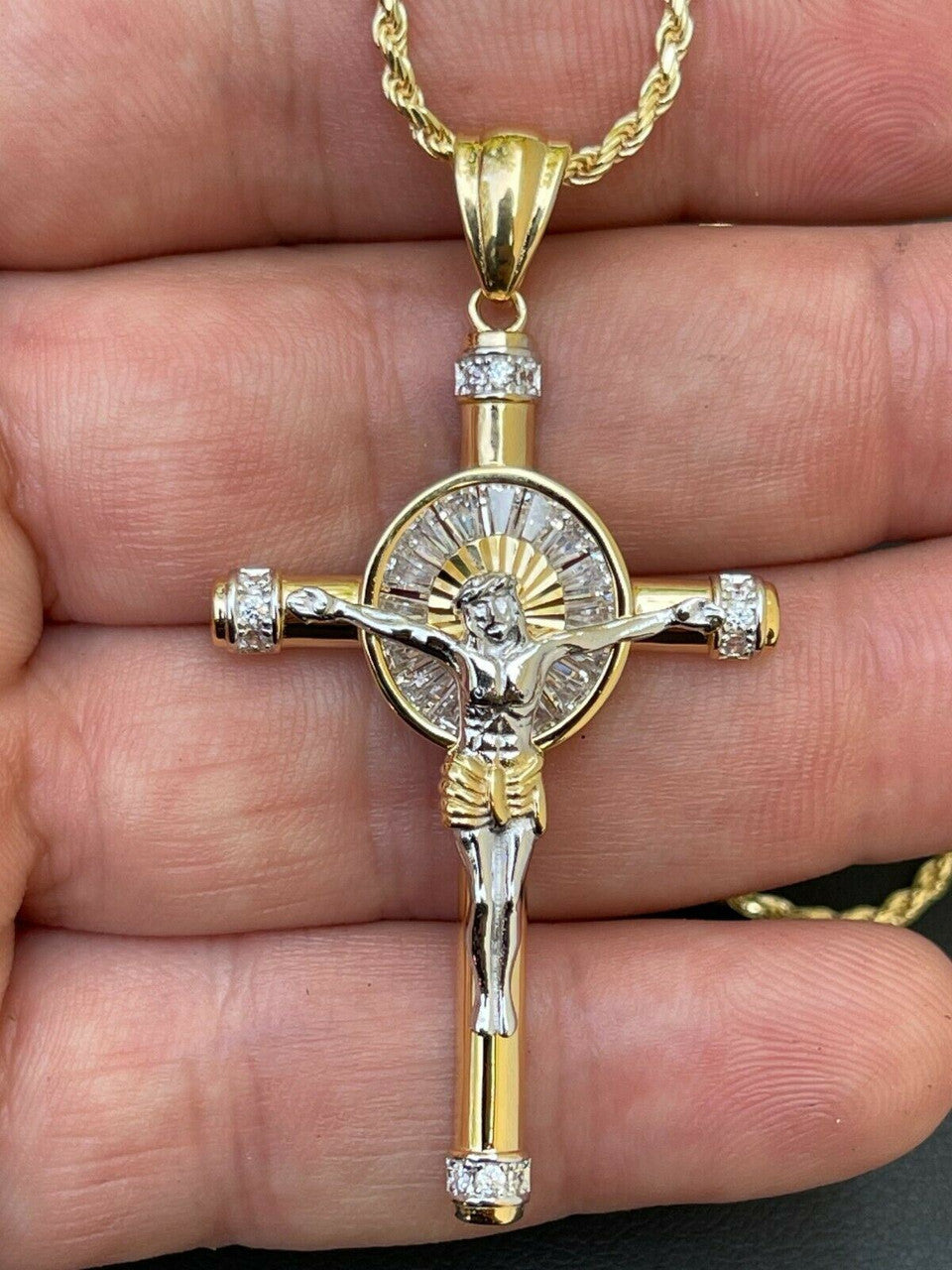 HarlemBling Solid 925 Silver Cross Jesus Pendant Yellow Gold Finish Iced Crucifix Necklace