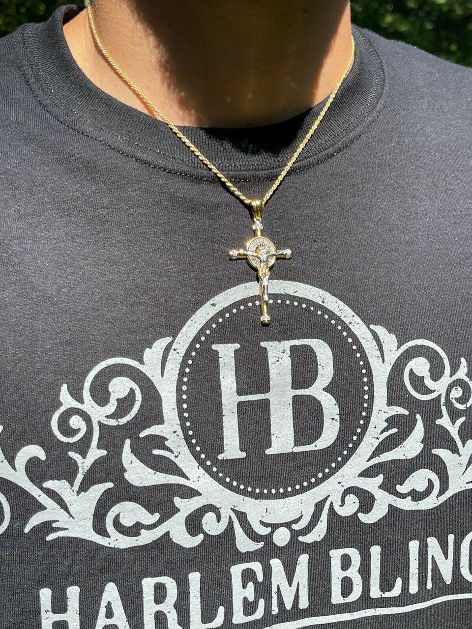 HarlemBling Solid 925 Silver Cross Jesus Pendant Yellow Gold Finish Iced Crucifix Necklace