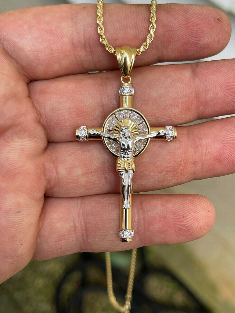 HarlemBling Solid 925 Silver Cross Jesus Pendant Yellow Gold Finish Iced Crucifix Necklace