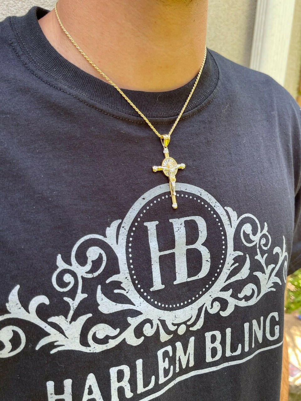 HarlemBling Solid 925 Silver Cross Jesus Pendant Yellow Gold Finish Iced Crucifix Necklace