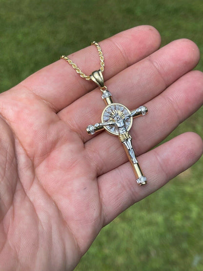 HarlemBling Solid 925 Silver Cross Jesus Pendant Yellow Gold Finish Iced Crucifix Necklace