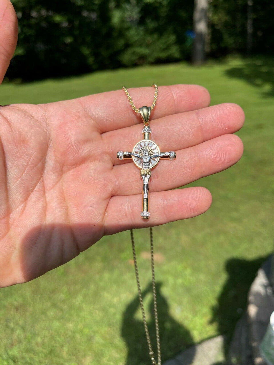 HarlemBling Solid 925 Silver Cross Jesus Pendant Yellow Gold Finish Iced Crucifix Necklace