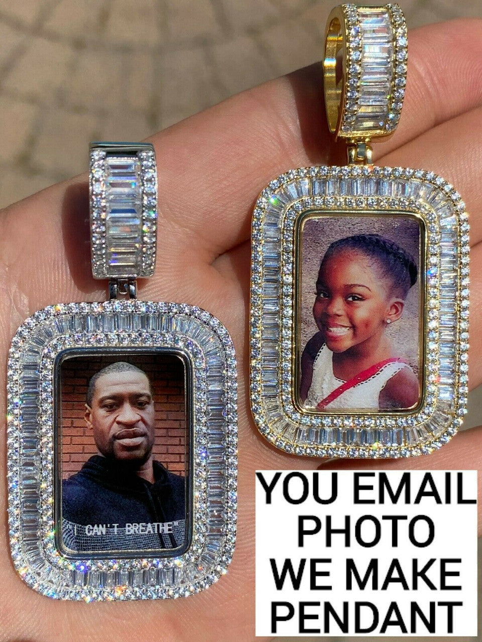 HarlemBling Solid 925 Silver Custom Hip Hop Memory Photo Pendant Dog Tag Iced Medallion Gold