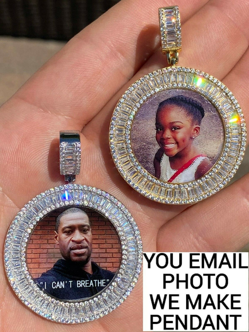 HarlemBling Solid 925 Silver Custom HipHop Photo Pendant Iced Memory Medallion Gold Baguette