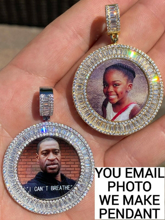 HarlemBling Solid 925 Silver Custom HipHop Photo Pendant Iced Memory Medallion Gold Baguette