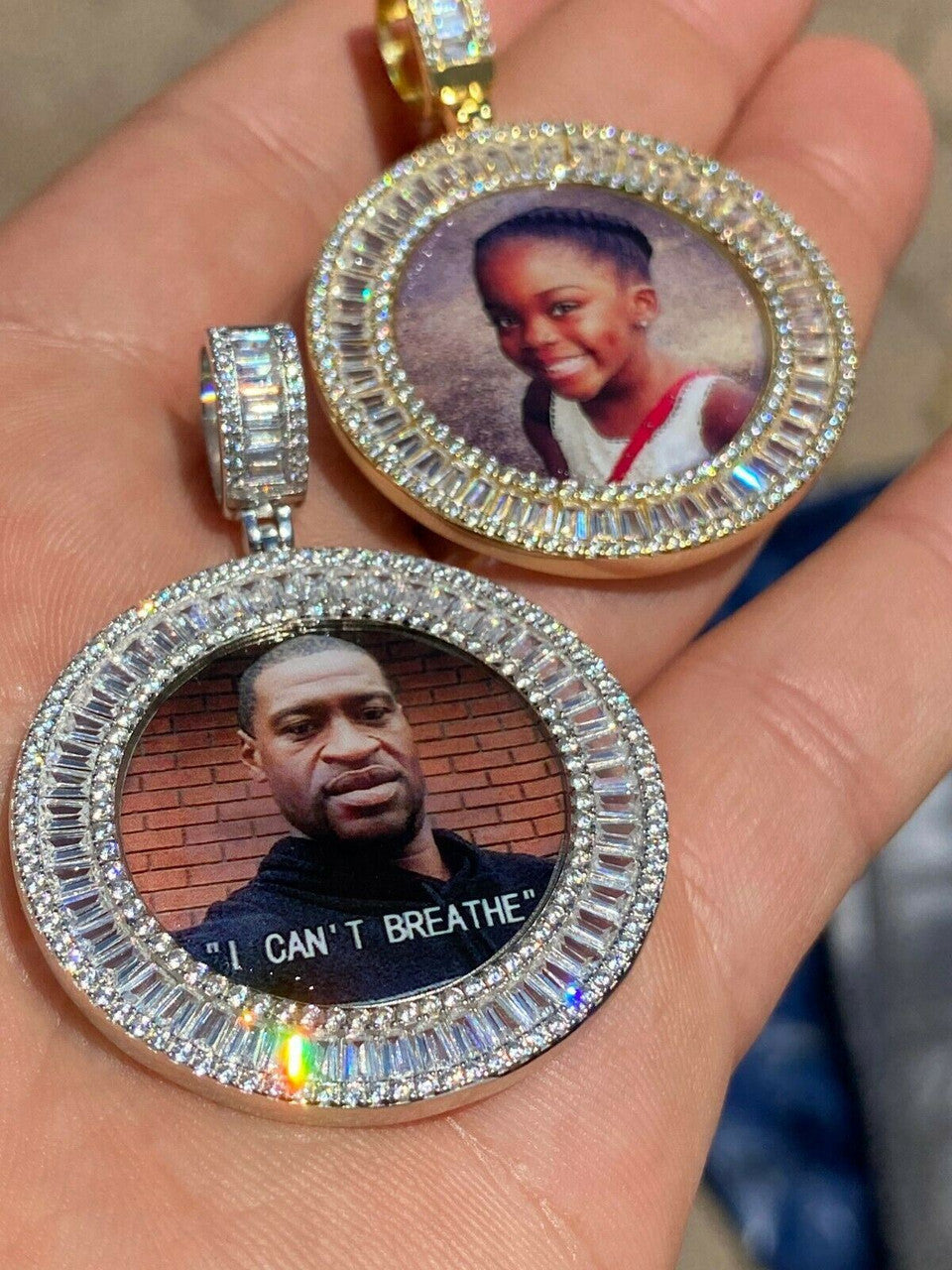 HarlemBling Solid 925 Silver Custom HipHop Photo Pendant Iced Memory Medallion Gold Baguette