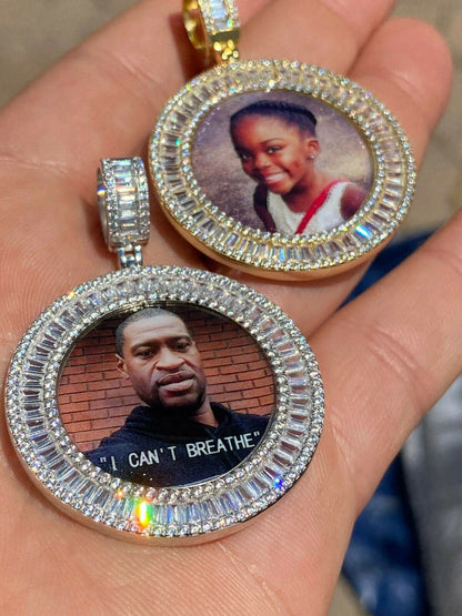 HarlemBling Solid 925 Silver Custom HipHop Photo Pendant Iced Memory Medallion Gold Baguette