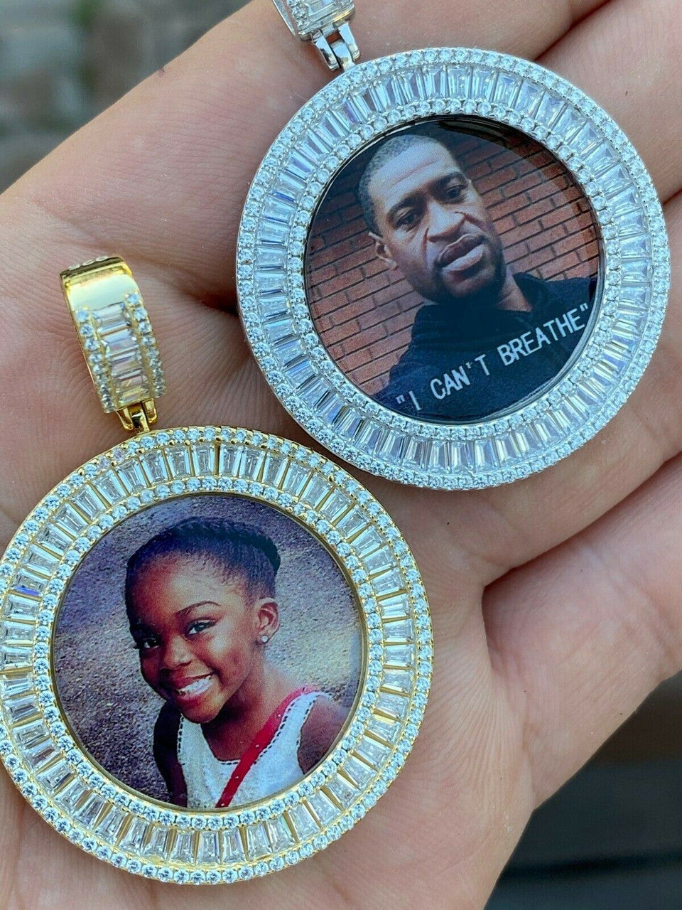 HarlemBling Solid 925 Silver Custom HipHop Photo Pendant Iced Memory Medallion Gold Baguette