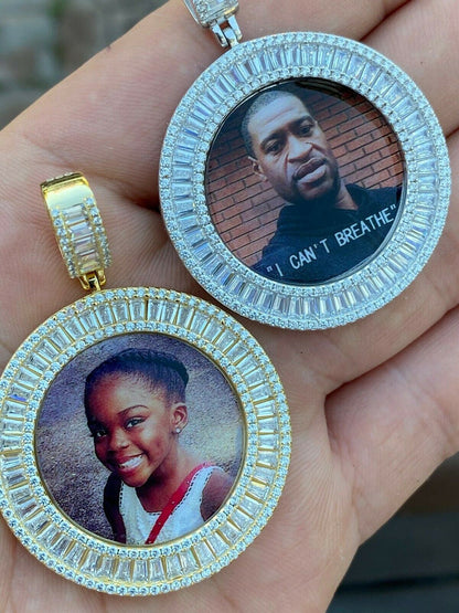 HarlemBling Solid 925 Silver Custom HipHop Photo Pendant Iced Memory Medallion Gold Baguette