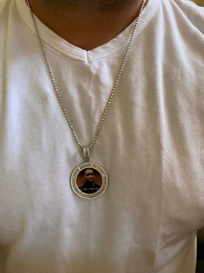 HarlemBling Solid 925 Silver Custom HipHop Photo Pendant Iced Memory Medallion Gold Baguette