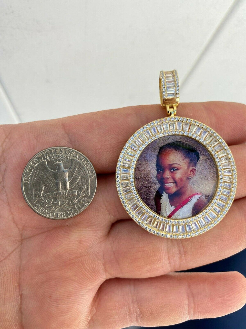 HarlemBling Solid 925 Silver Custom HipHop Photo Pendant Iced Memory Medallion Gold Baguette