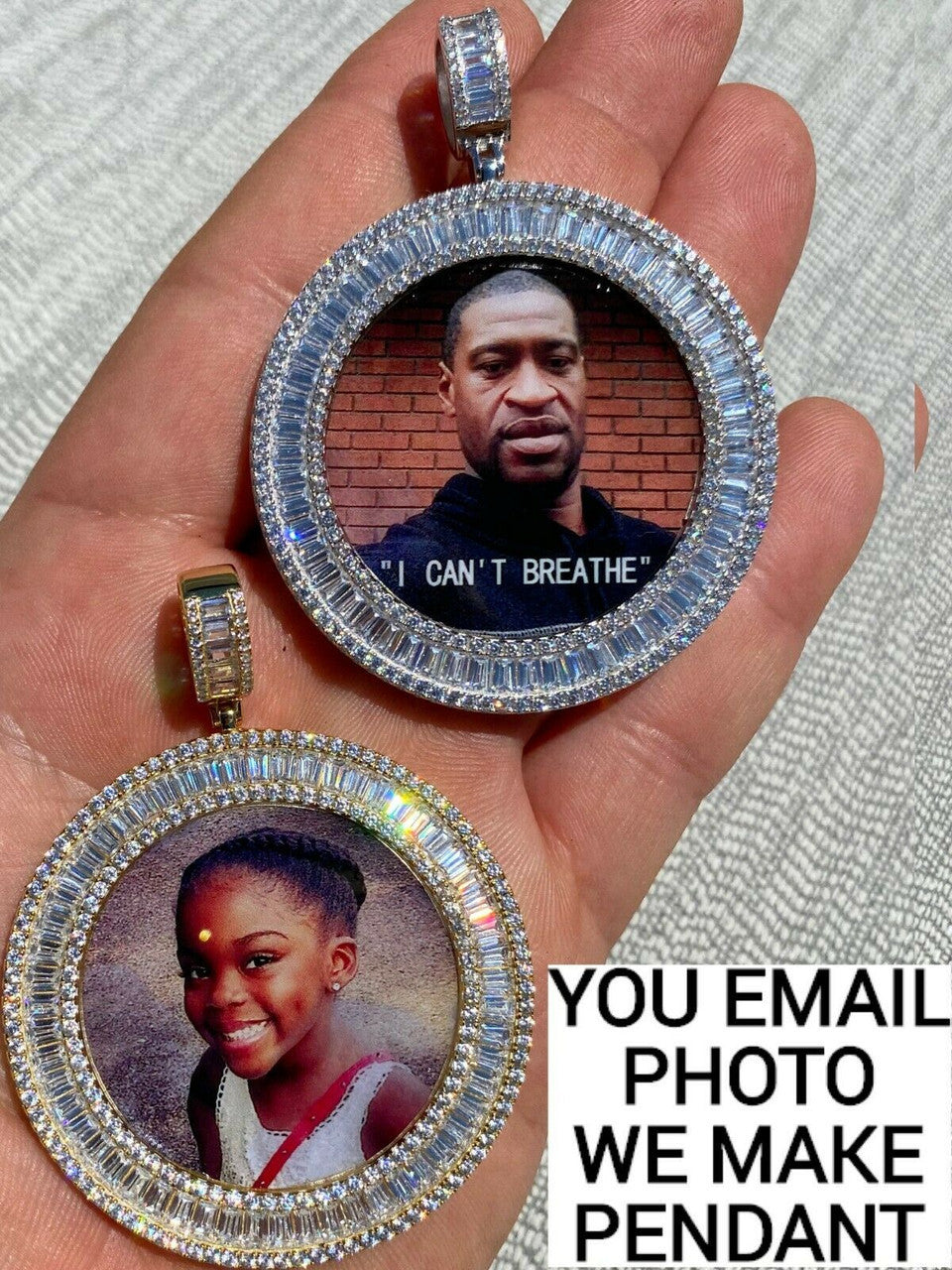 HarlemBling Solid 925 Silver Custom HipHop Photo Pendant Iced Memory Medallion Gold Large 2