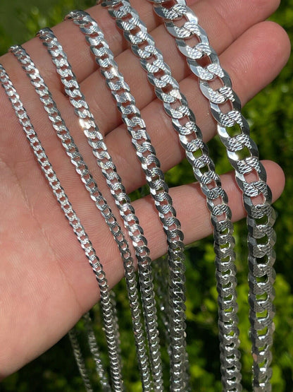 HarlemBling Solid 925 Silver Diamond Cut Flat Miami Curb Cuban Link Chain Necklace 3-11mm