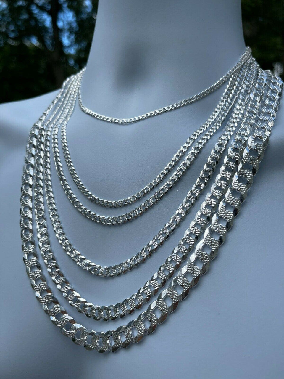 HarlemBling Solid 925 Silver Diamond Cut Flat Miami Curb Cuban Link Chain Necklace 3-11mm