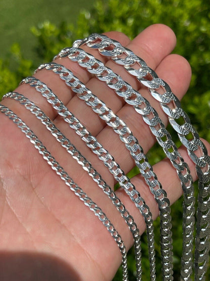 HarlemBling Solid 925 Silver Diamond Cut Flat Miami Curb Cuban Link Chain Necklace 3-11mm