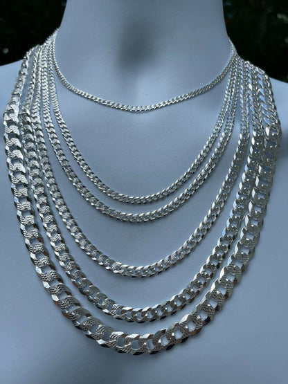 HarlemBling Solid 925 Silver Diamond Cut Flat Miami Curb Cuban Link Chain Necklace 3-11mm