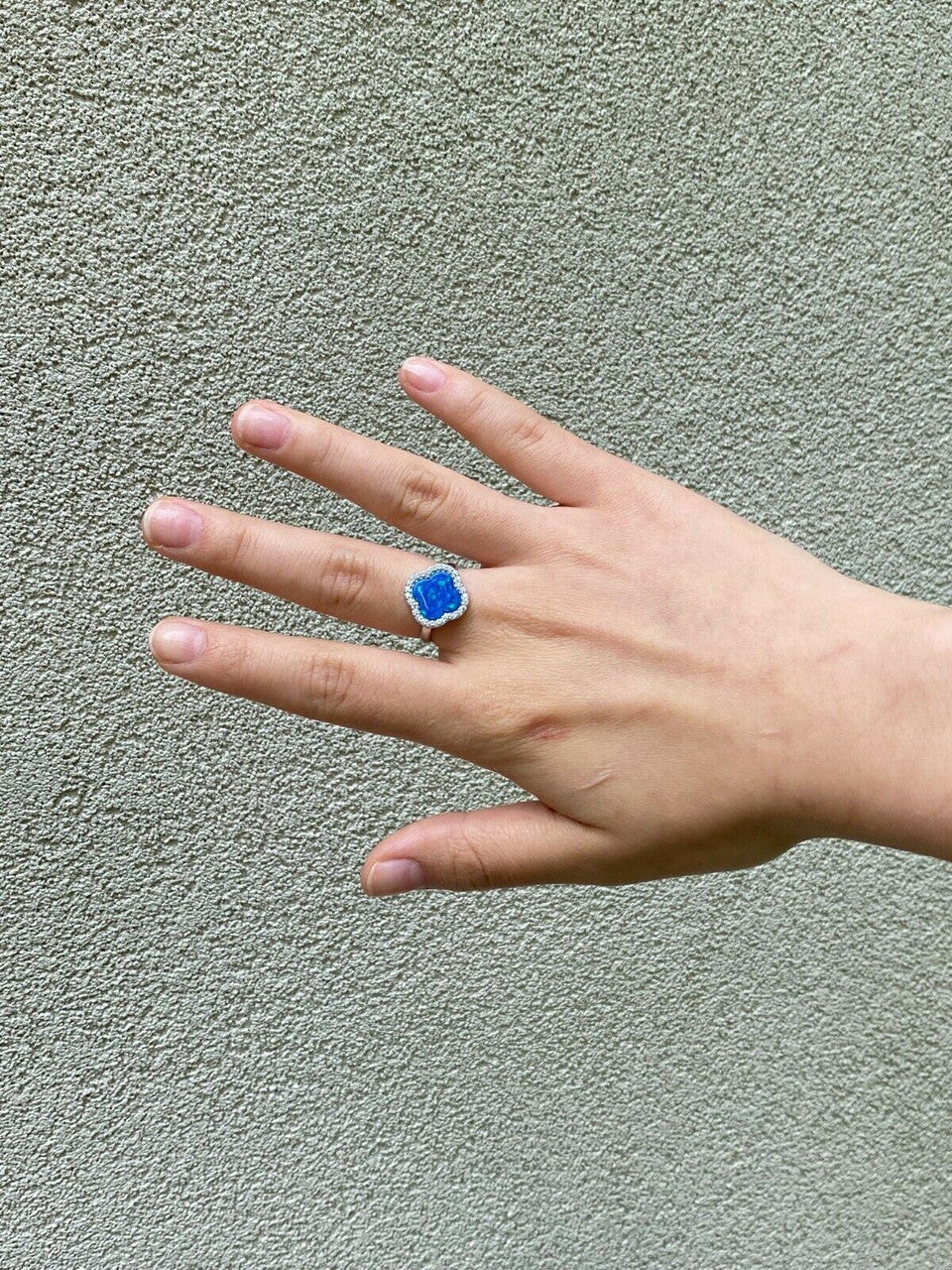 HarlemBling Solid 925 Silver Four Leaf Clover Blue Opal Ring Necklace and Earrings Ladies Set