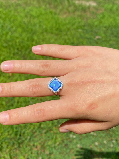 HarlemBling Solid 925 Silver Four Leaf Clover Blue Opal Ring Necklace and Earrings Ladies Set