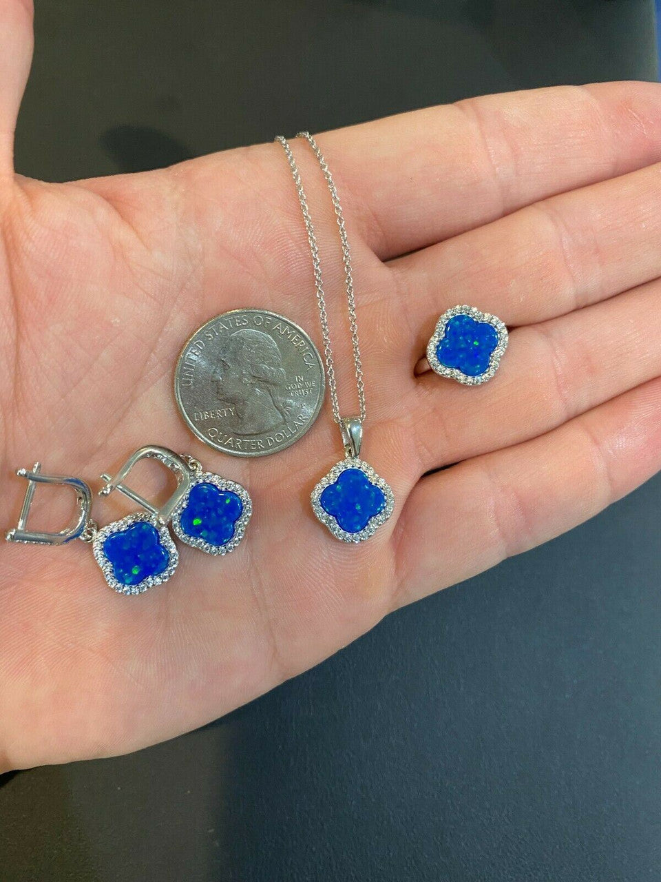 HarlemBling Solid 925 Silver Four Leaf Clover Blue Opal Ring Necklace and Earrings Ladies Set