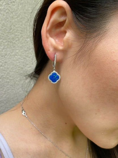 HarlemBling Solid 925 Silver Four Leaf Clover Blue Opal Ring Necklace and Earrings Ladies Set