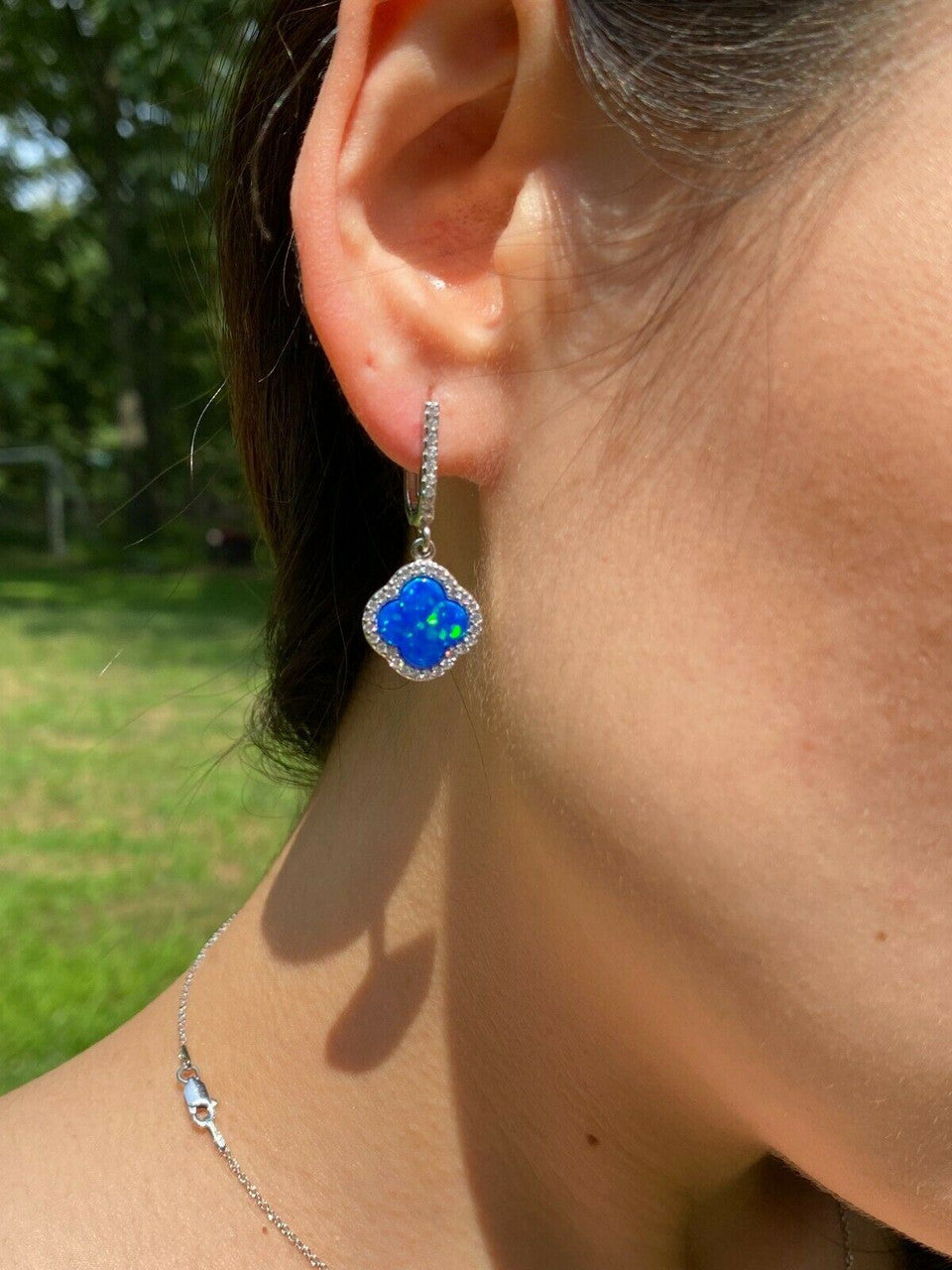 HarlemBling Solid 925 Silver Four Leaf Clover Blue Opal Ring Necklace and Earrings Ladies Set