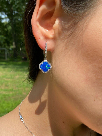 HarlemBling Solid 925 Silver Four Leaf Clover Blue Opal Ring Necklace and Earrings Ladies Set