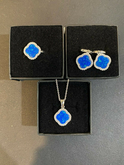 HarlemBling Solid 925 Silver Four Leaf Clover Blue Opal Ring Necklace and Earrings Ladies Set
