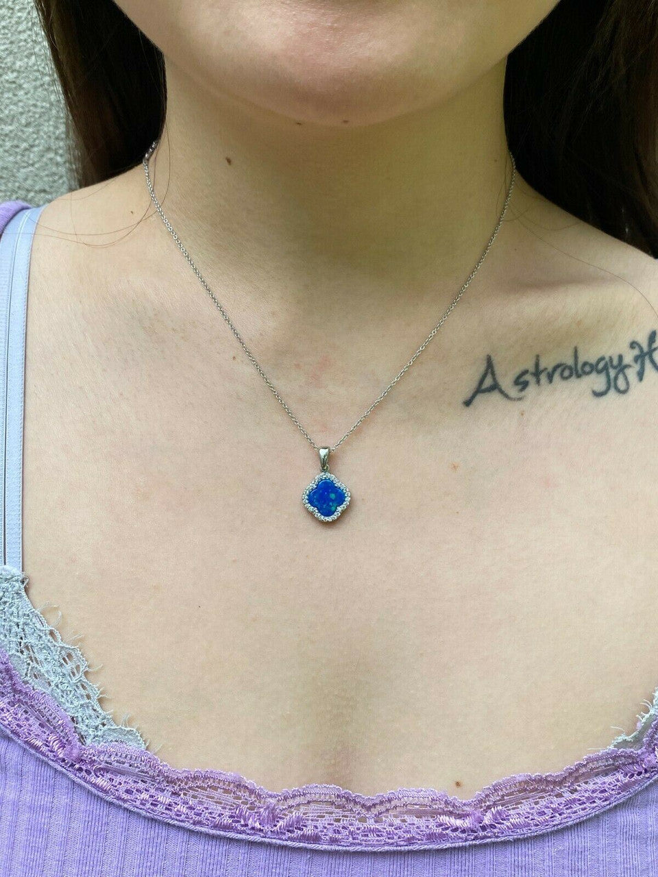 HarlemBling Solid 925 Silver Four Leaf Clover Blue Opal Ring Necklace and Earrings Ladies Set