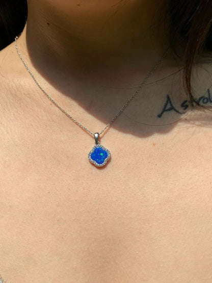 HarlemBling Solid 925 Silver Four Leaf Clover Blue Opal Ring Necklace and Earrings Ladies Set