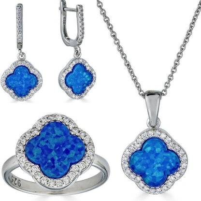 HarlemBling Solid 925 Silver Four Leaf Clover Blue Opal Ring Necklace and Earrings Ladies Set