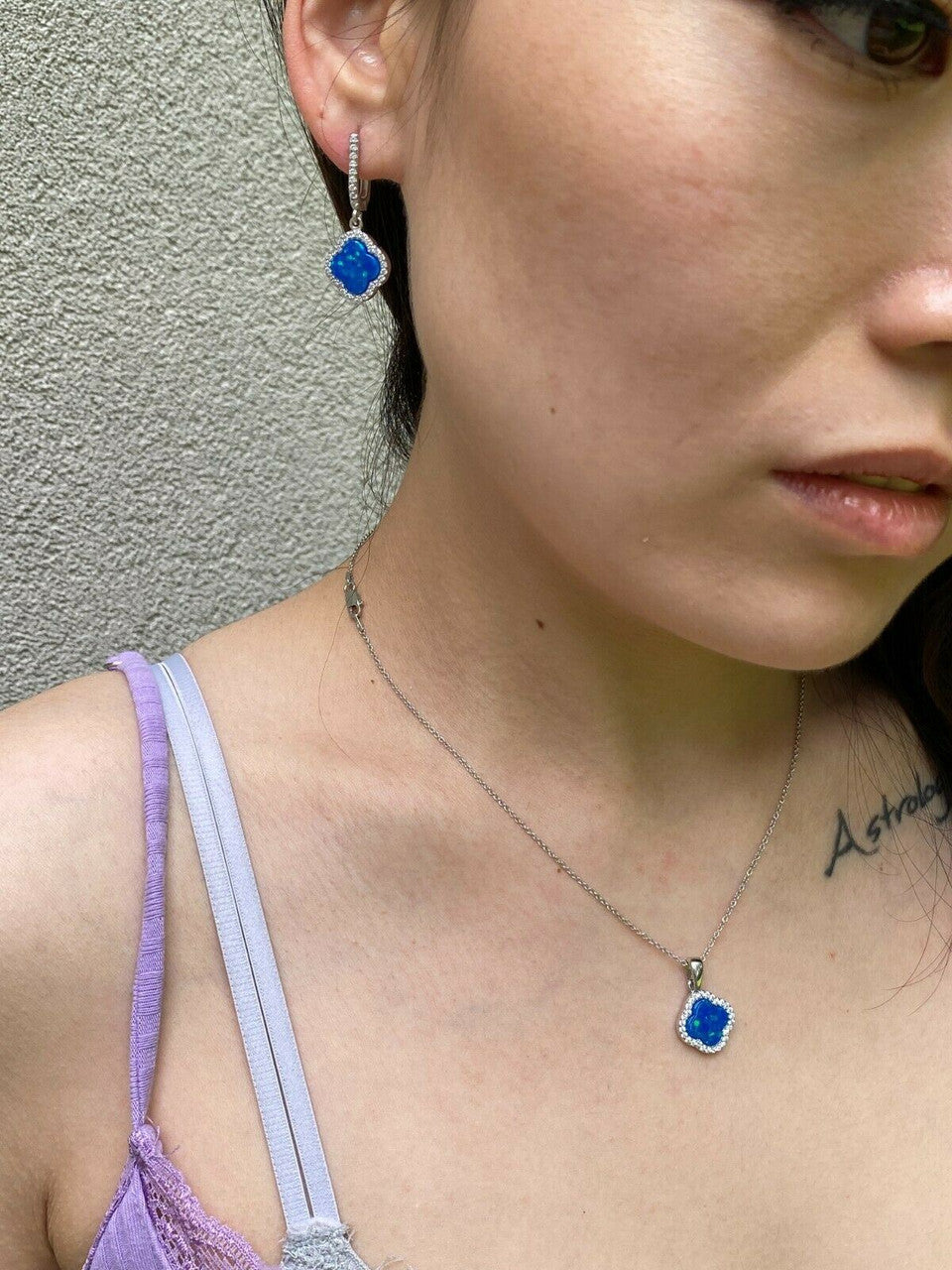 HarlemBling Solid 925 Silver Four Leaf Clover Blue Opal Ring Necklace and Earrings Ladies Set