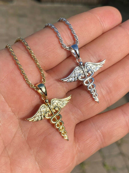 HarlemBling Solid 925 Silver Gold Caduceus Pendant Necklace Healthcare Worker Nurse Doctor