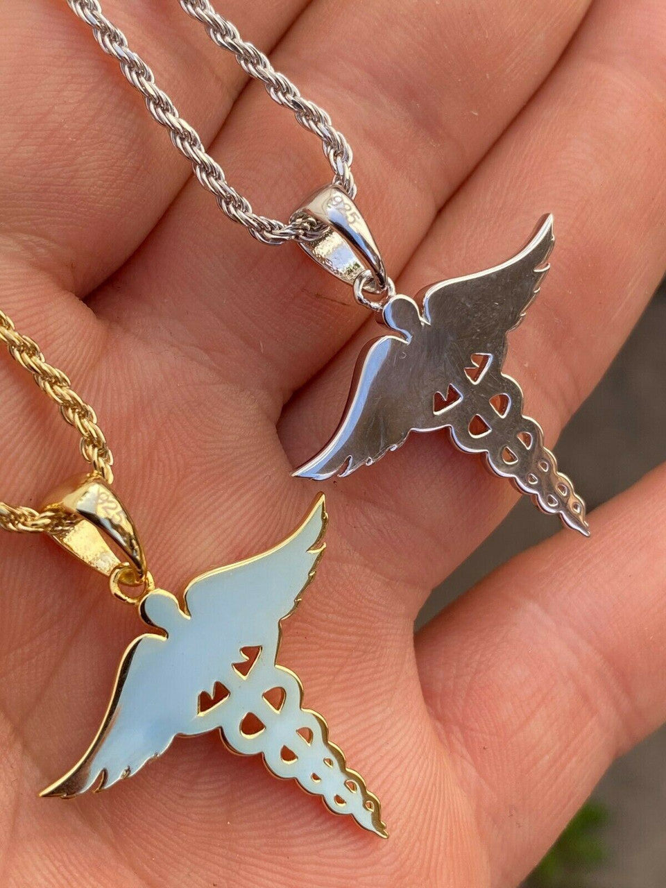 HarlemBling Solid 925 Silver Gold Caduceus Pendant Necklace Healthcare Worker Nurse Doctor