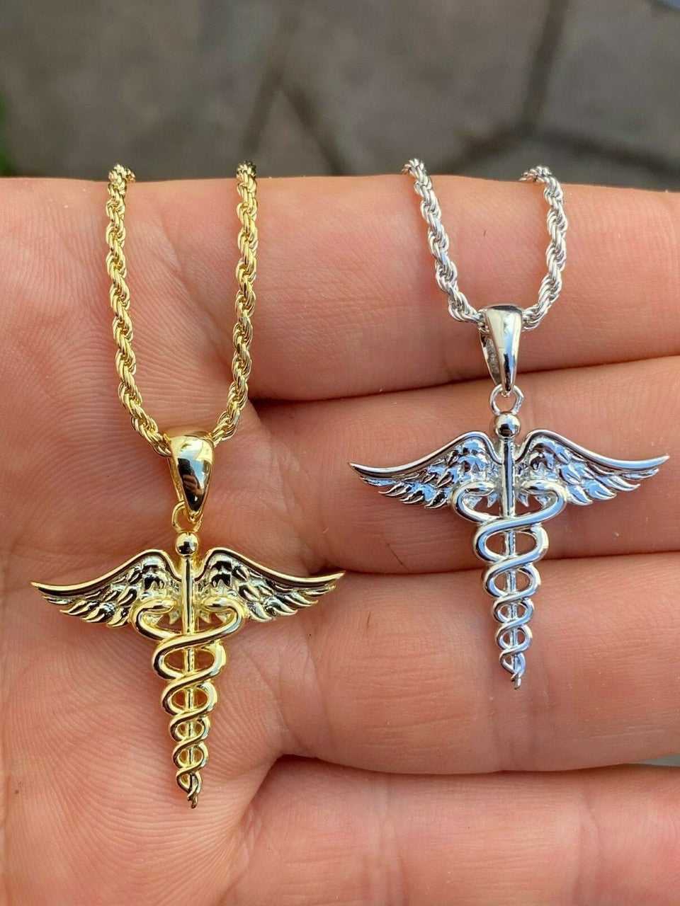 HarlemBling Solid 925 Silver Gold Caduceus Pendant Necklace Healthcare Worker Nurse Doctor