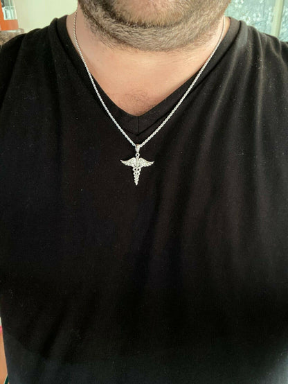 HarlemBling Solid 925 Silver Gold Caduceus Pendant Necklace Healthcare Worker Nurse Doctor