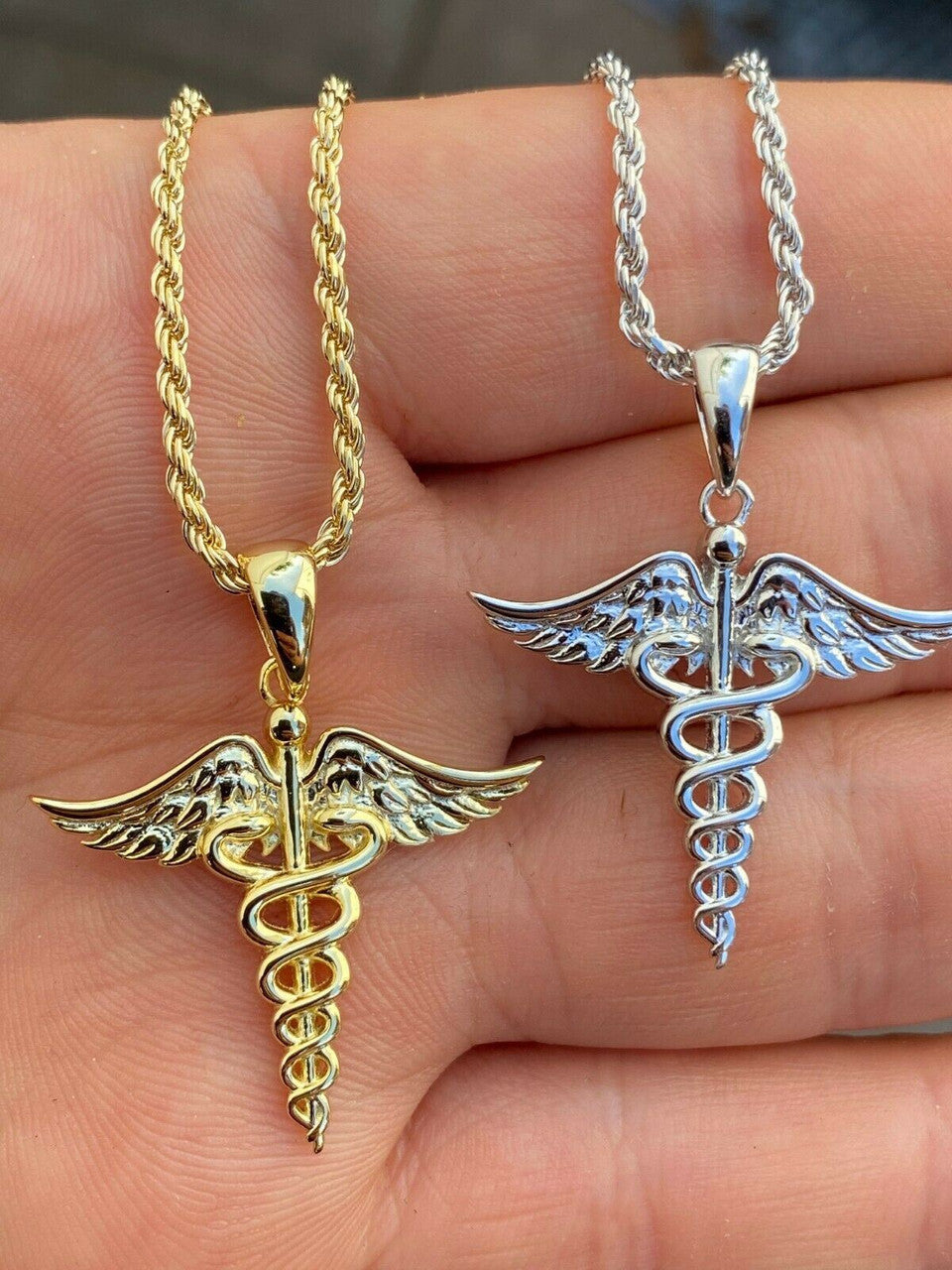 HarlemBling Solid 925 Silver Gold Caduceus Pendant Necklace Healthcare Worker Nurse Doctor