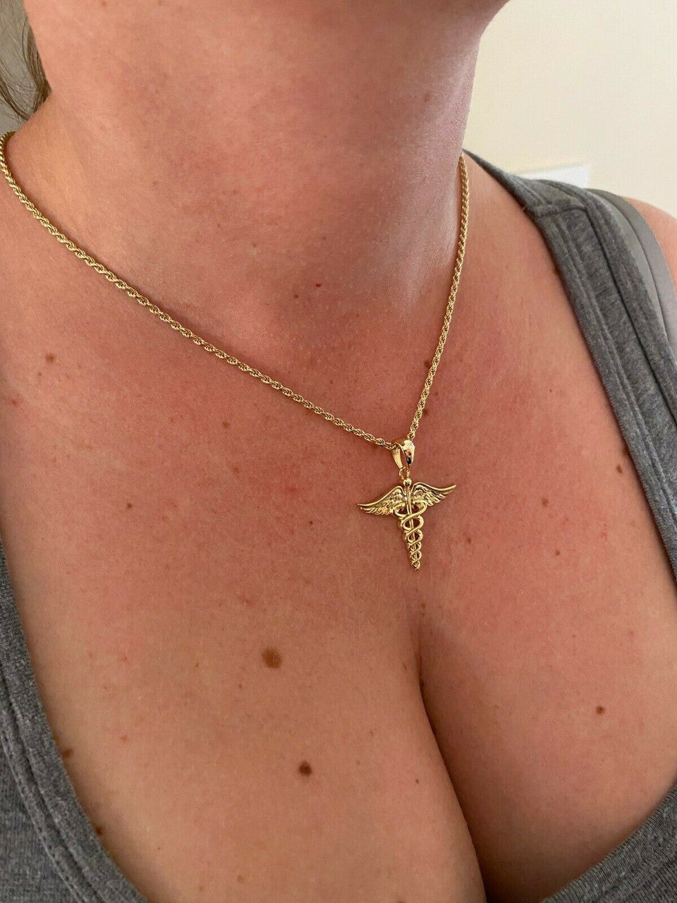 HarlemBling Solid 925 Silver Gold Caduceus Pendant Necklace Healthcare Worker Nurse Doctor