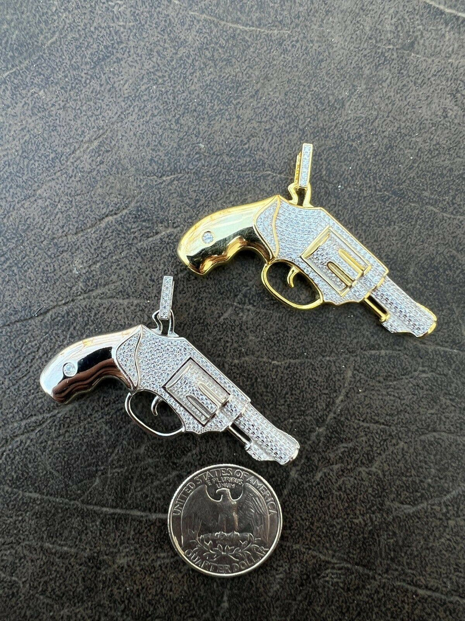 HarlemBling Solid 925 Silver / Gold Iced Diamond Pistol Revolver Gun HipHop Pendant Necklace